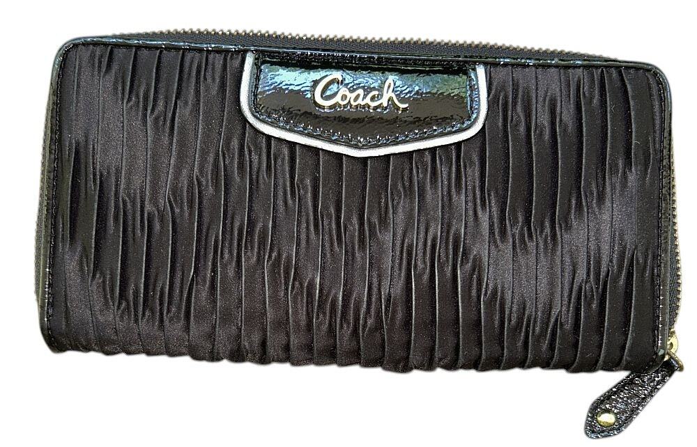Coach Ashley Gathered Satin Black Zip Around Wallet
